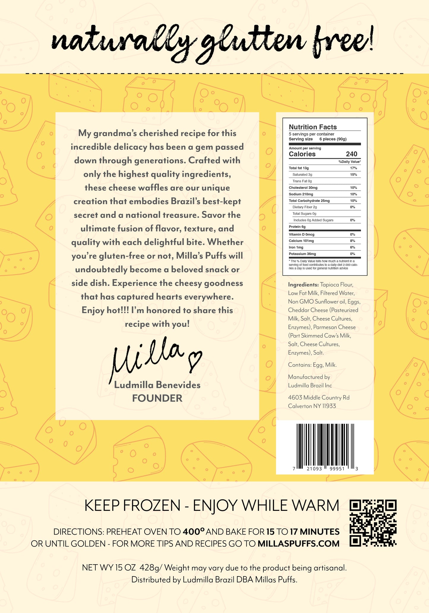 Milla's Puffs Gluten Free Brazilian Cheese Bread-Classic Flavor/Cocktail Size - FREEZER TO OVEN