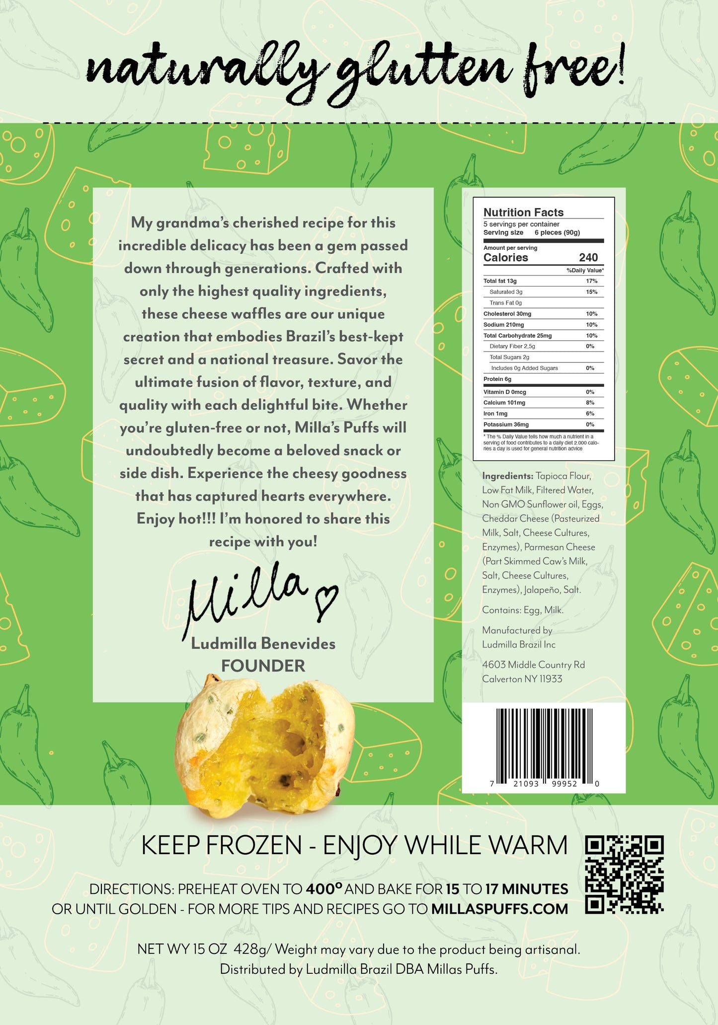 Milla's Puffs Gluten Free Brazilian Cheese Bread-Jalapeño / Cocktail Size - FREEZER TO OVEN