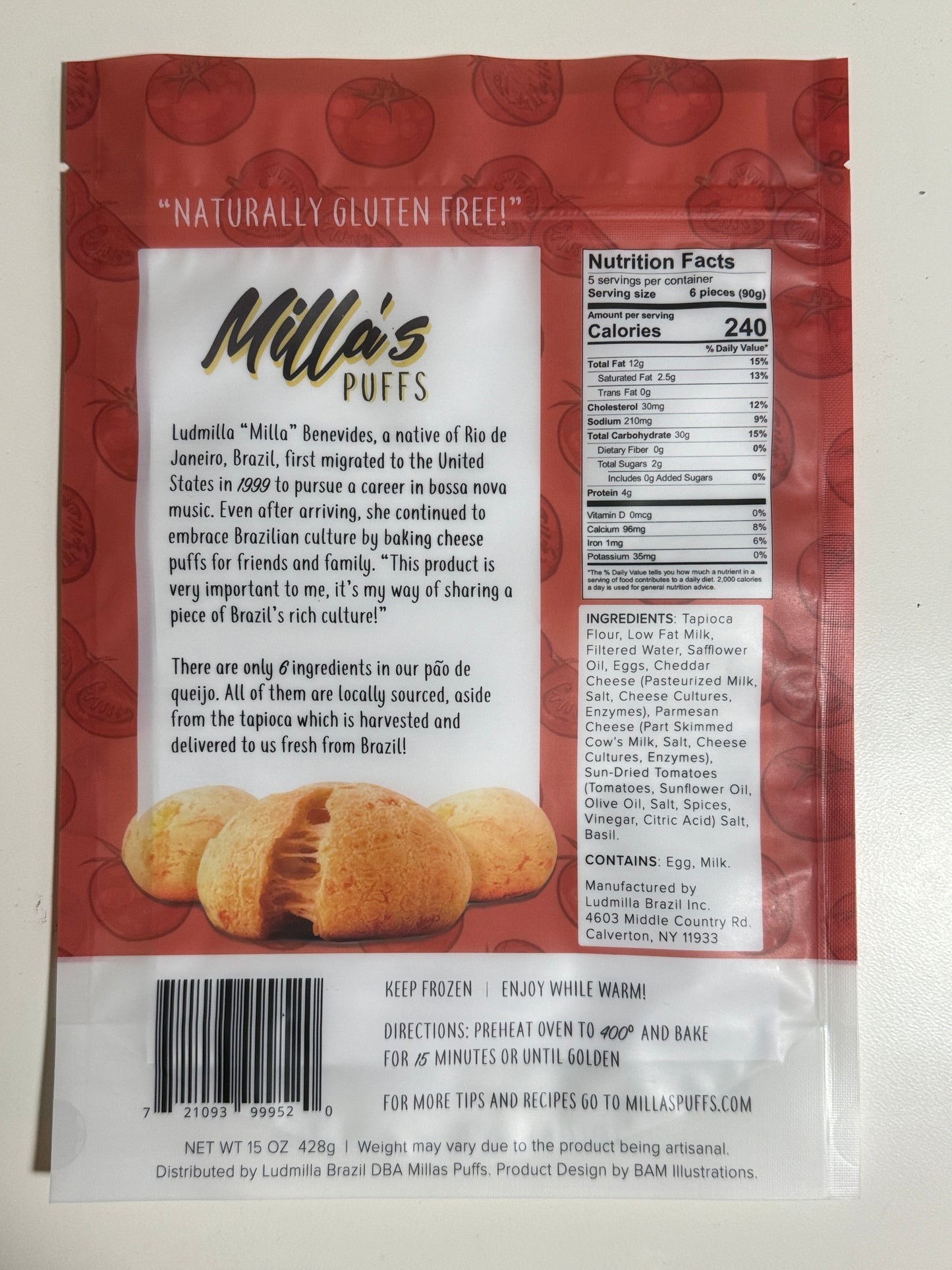 Milla's Puffs Gluten Free Brazilian Cheese Bread-Tomato Basil/Cocktail Size